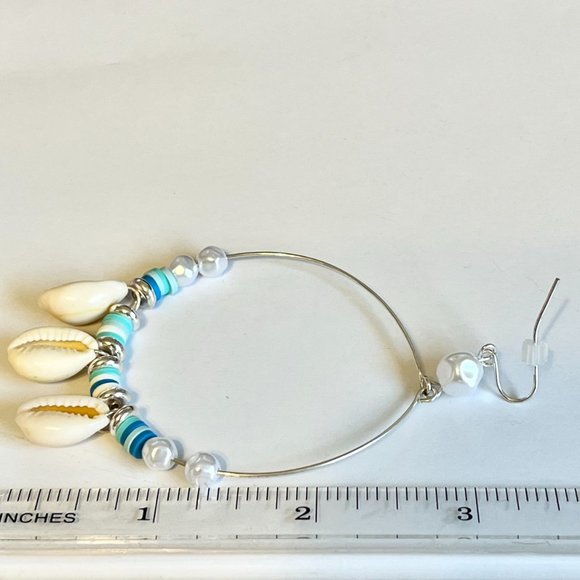Silver Cowrie Shell White Freshwater Pearl Earrings Island Beach BIG Hoop Plated - Picture 10 of 10